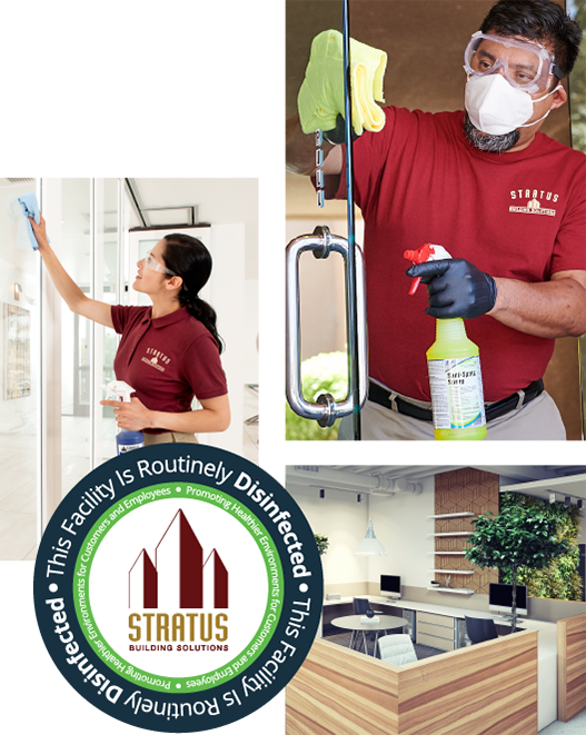 Collage of Stratus Employees Wearing Branded Red Polos Spraying and Wiping Glass Doors, a Receptionist Desk with a Small Tree, and a Stratus Logo 