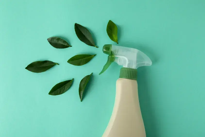A bottle of cleaning fluid spraying green leaves