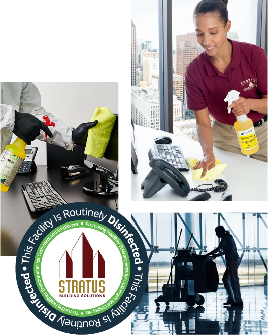 Collage depicting Stratus franchisees cleaning a keyboard, conference table, and pushing a mop bucket.