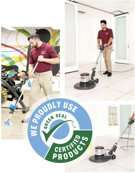 A collage of three images depicting a Stratus franchisee cleaning commercial floors. 
